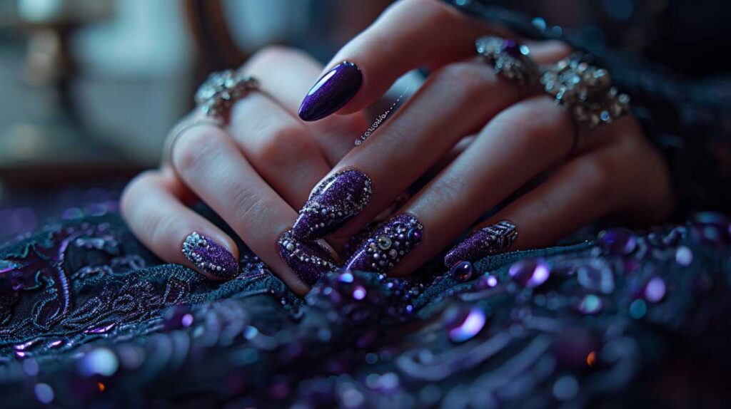 Opulent midnight purple nail art with glitter and gemstone embellishments.