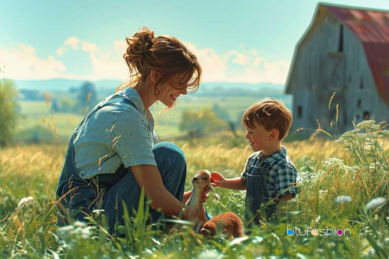 Mother and son enjoying a playful moment with a baby lamb on a sunny farm field.