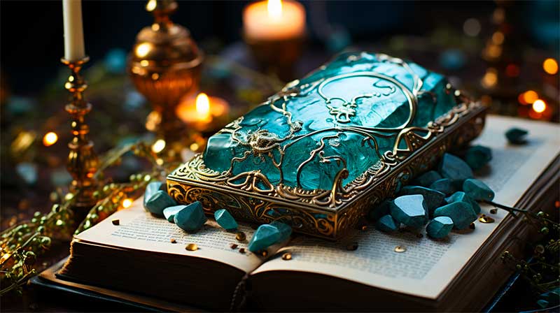 Amazonite gemstone on top of open book, representing transparency and knowledge.