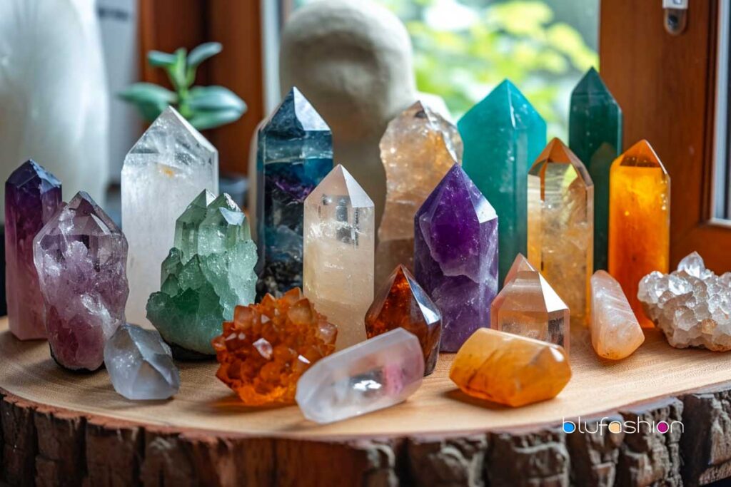 Assorted healing crystals on a tree stump, indoor setting with plants.