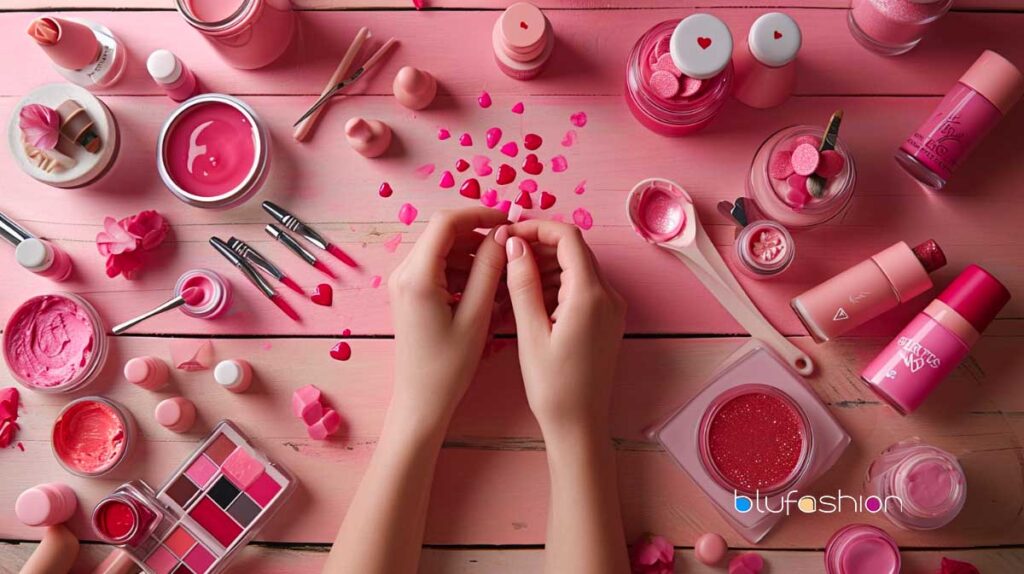 Hands amid a vibrant array of pink nail art materials and heart confetti.