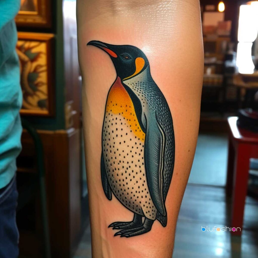 King penguin tattoo on the forearm.