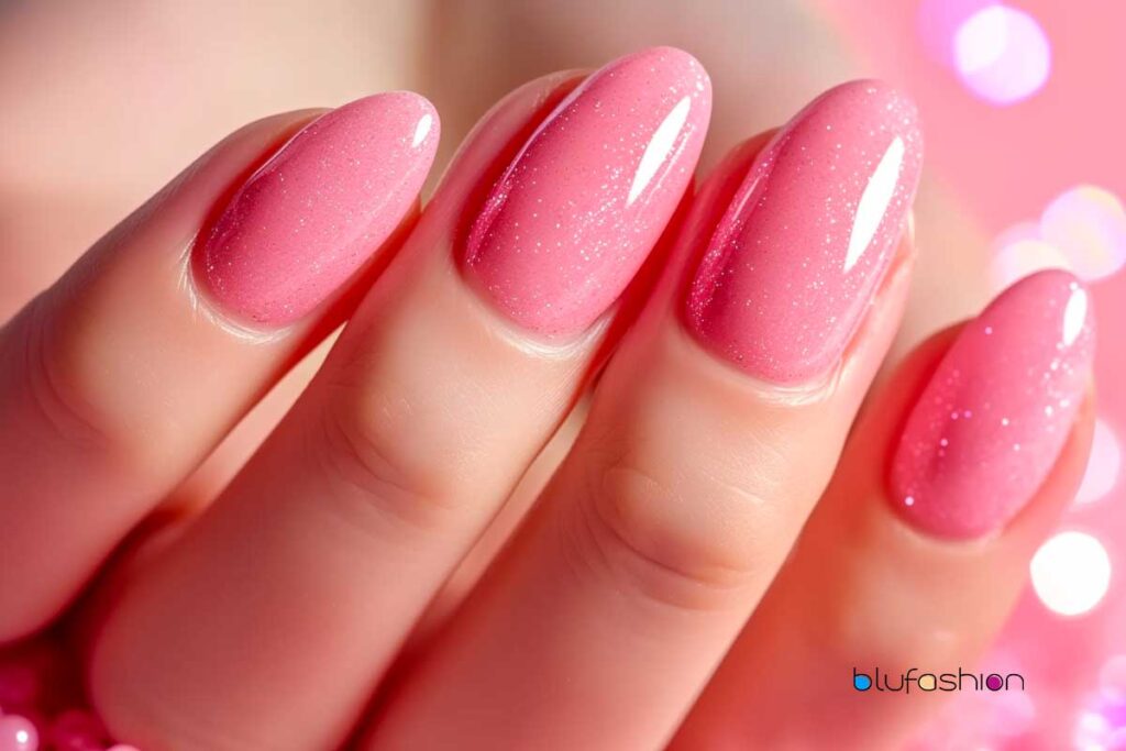 Delicate pink nails with subtle glitter, ideal for a playful yet sophisticated manicure look.