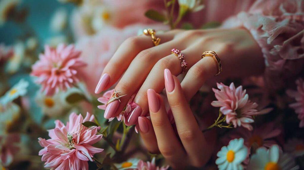 Soft pink manicured nails with elegant rings, surrounded by blooming flowers, for Mother's Day.