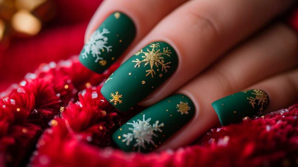 Green Christmas nails with gold snowflakes, a festive and elegant holiday manicure.