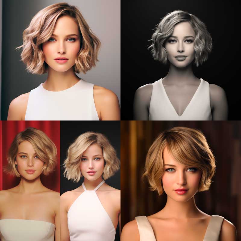 Stylish grown-up bob hairstyles for round faces, shown in color, black and white, and sepia tones.