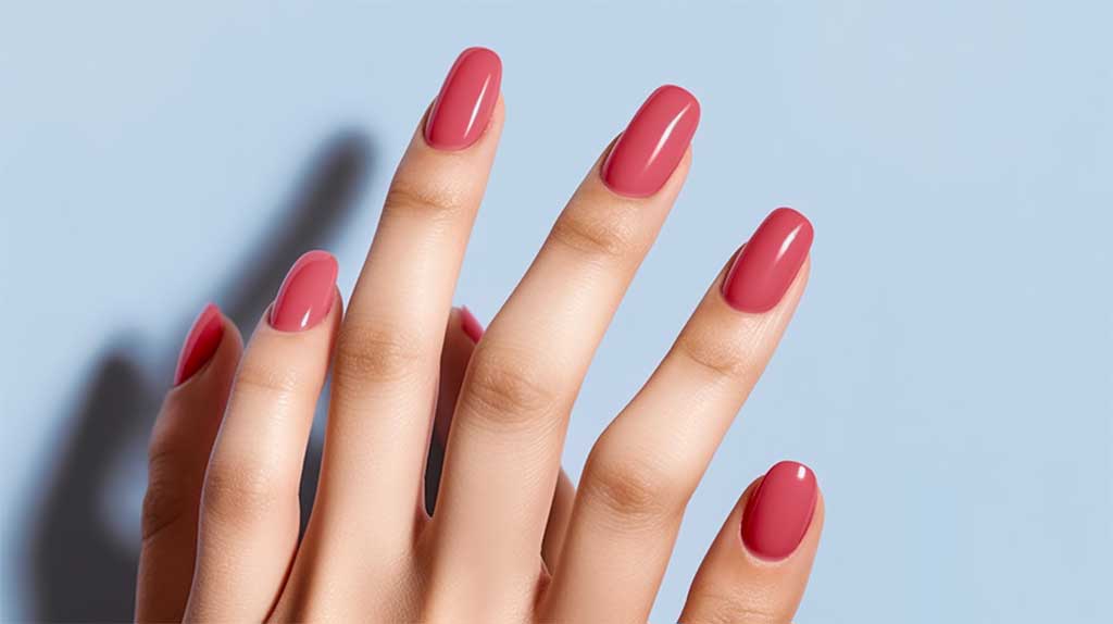 Close-up of a woman's hand with bright pink manicured nails.