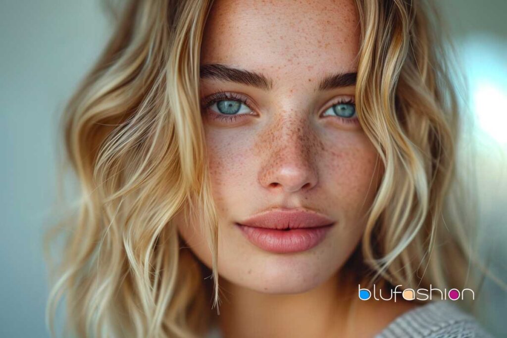 Hairdo Wave: Portrait of a young woman with wavy blonde hair, blue eyes, and freckles, looking serene, watermark 'blufashion'.