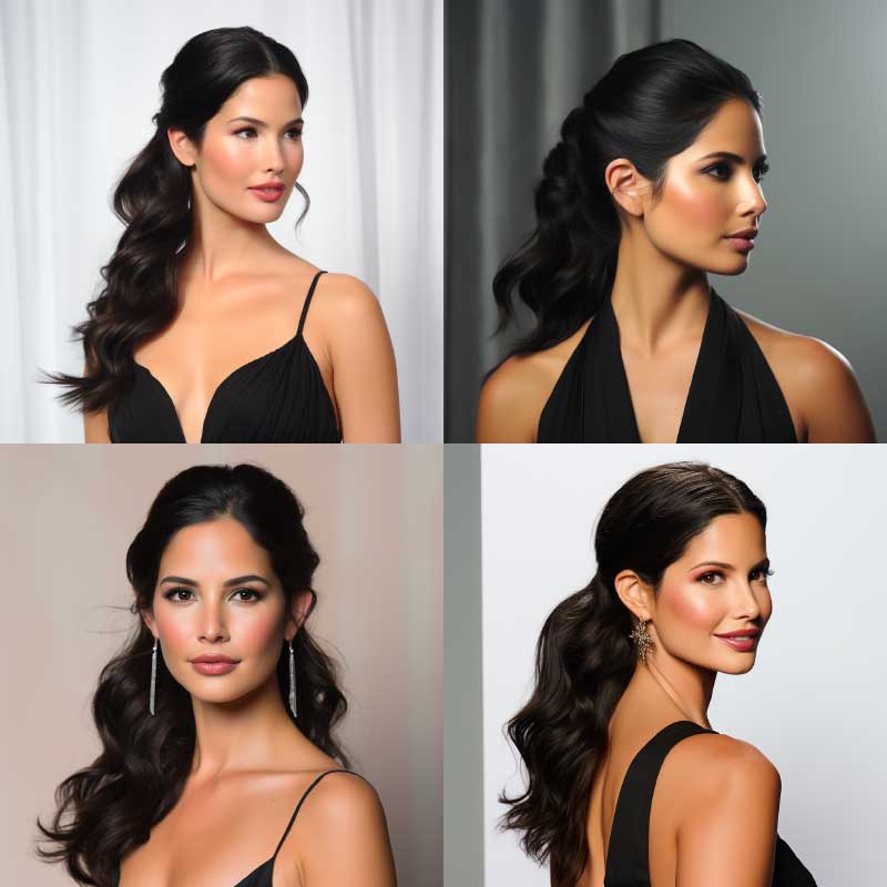 Elegant half-up, pulled-back hairstyles on a woman in a black dress, perfect for evening events.