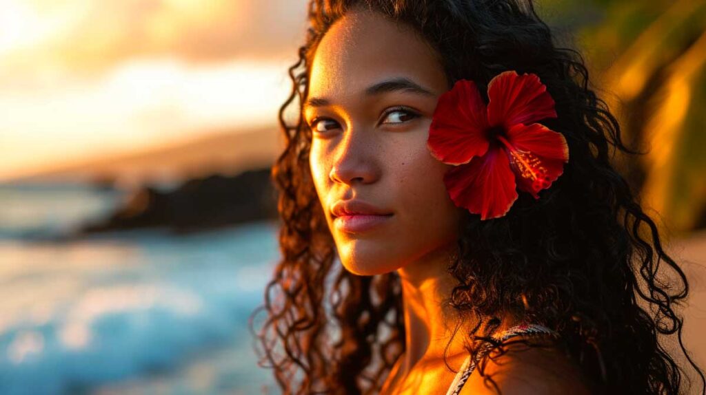 Portrait of a young woman with Hawaiian curly hair and red plumeria flower at sunset beach.