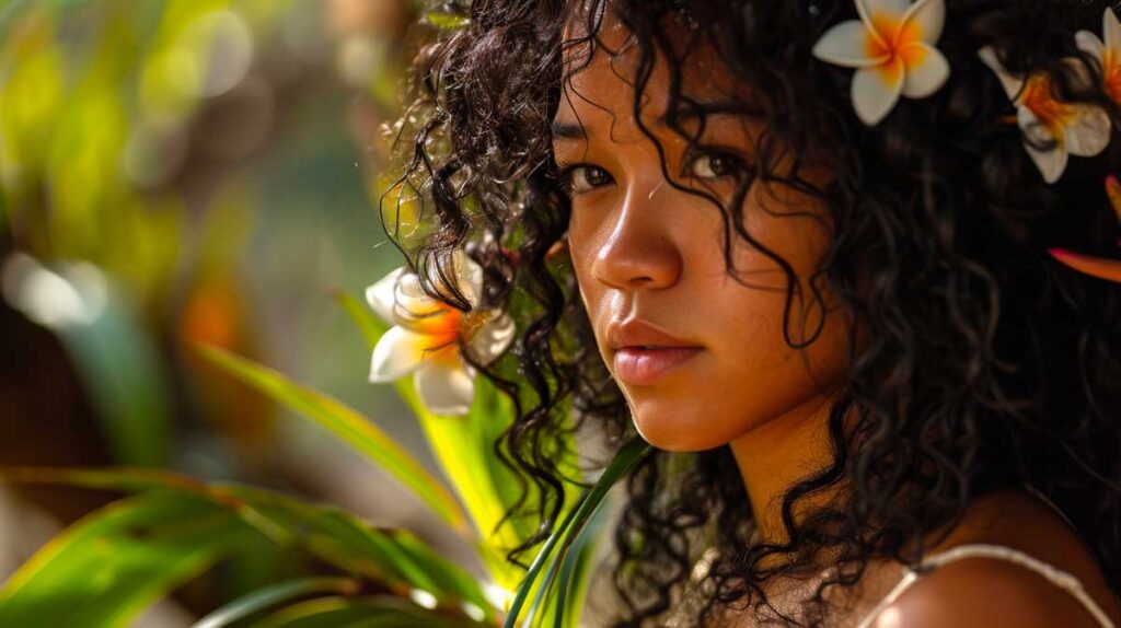 Curly-haired woman with plumeria flowers in a tropical Hawaiian setting.