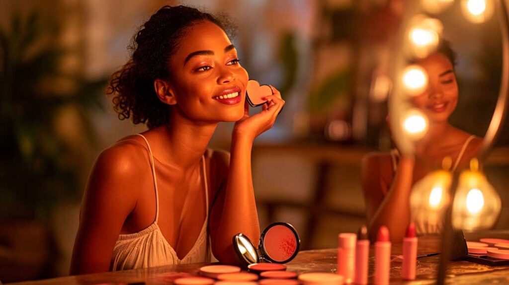 Confident woman applying heart-shaped blush at a vanity mirror with warm lighting.