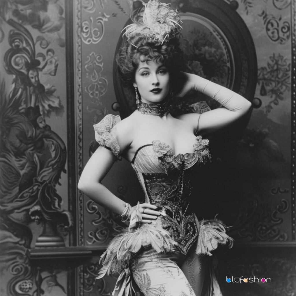 Vintage black and white portrait of a burlesque dancer in corset and feathered headpiece.