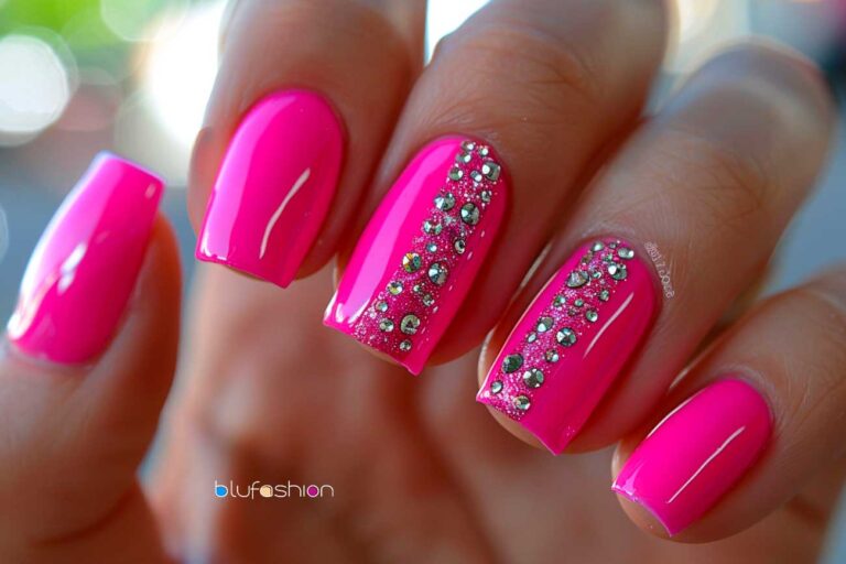 Hot Pink Nails with Diamonds: Bright hot pink manicured nails with sparkling diamond embellishments on the ring fingers.