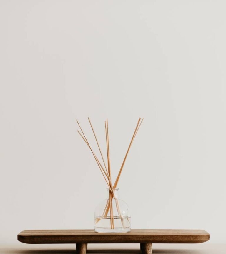 A minimalist's home decor station with a simple reed diffuser on a stand for home fragrance notes.