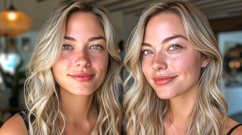 Twin women with natural freckles and blonde dyed eyebrows smiling indoors.