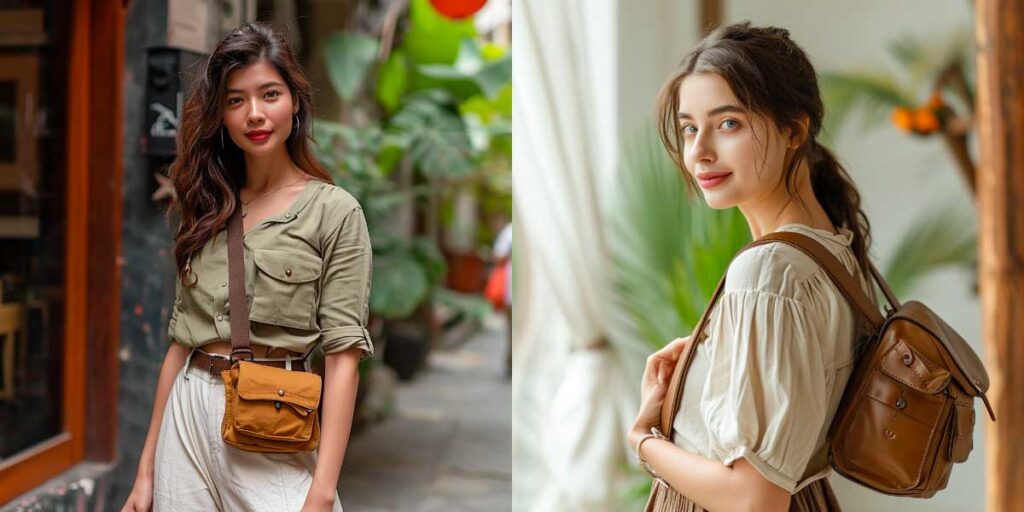 Two women in casual chic attire showing comfortable ways to wear a tan sling bag for everyday elegance.