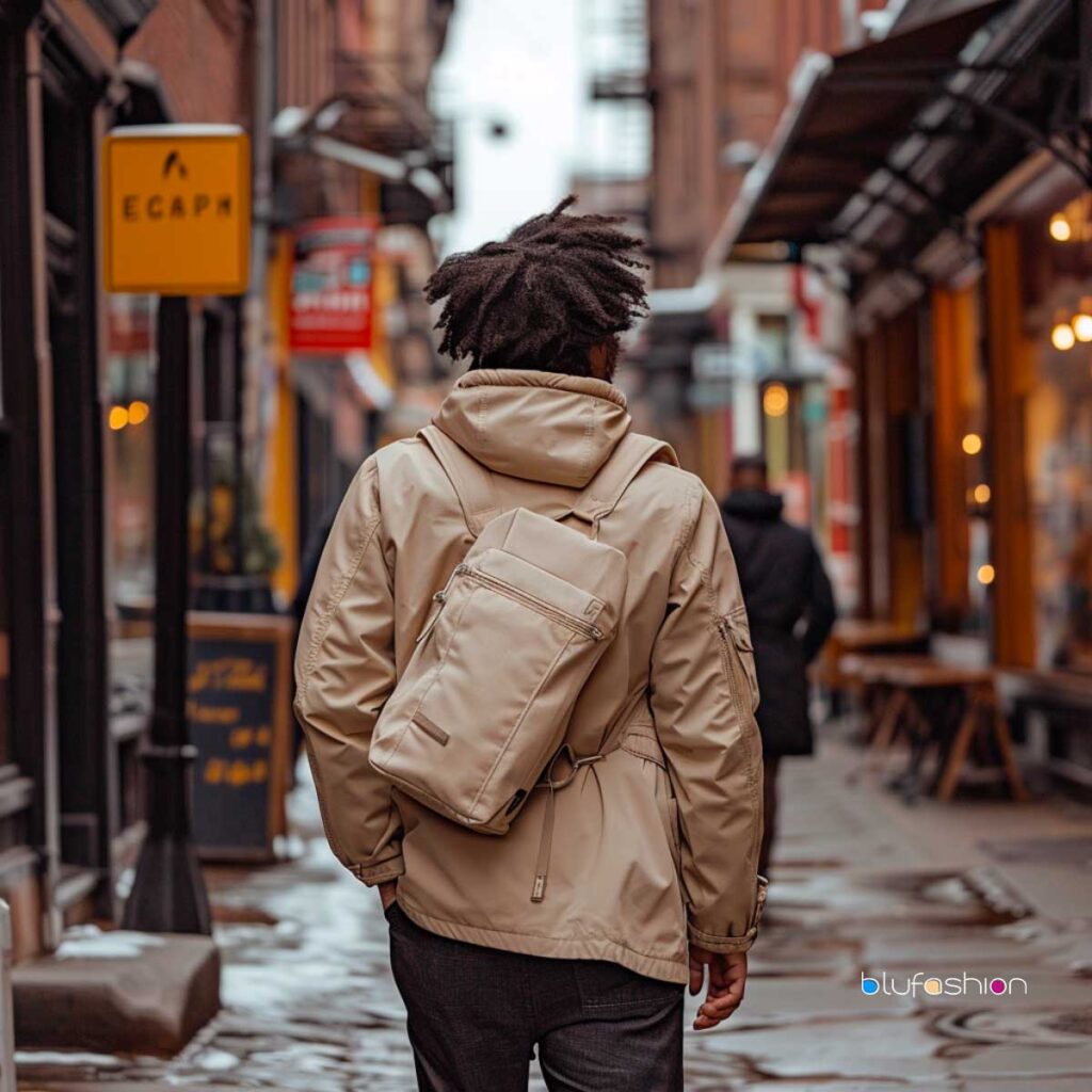 Back view of a man strolling through an alley, wearing a cream sling bag over a beige jacket for a relaxed city vibe.