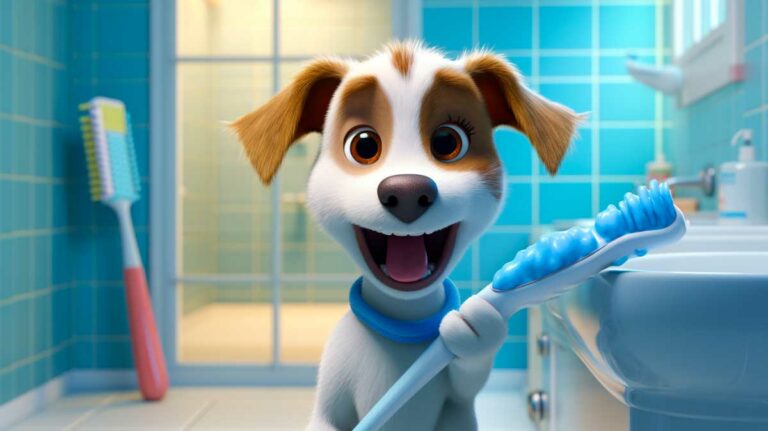 Cartoon dog holding a toothbrush in the bathroom.