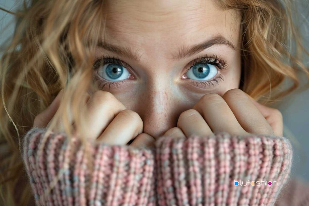 How to annoy a jealous person: Woman with striking blue eyes peeking over pink knitted sweater, expressing curiosity or playfulness.