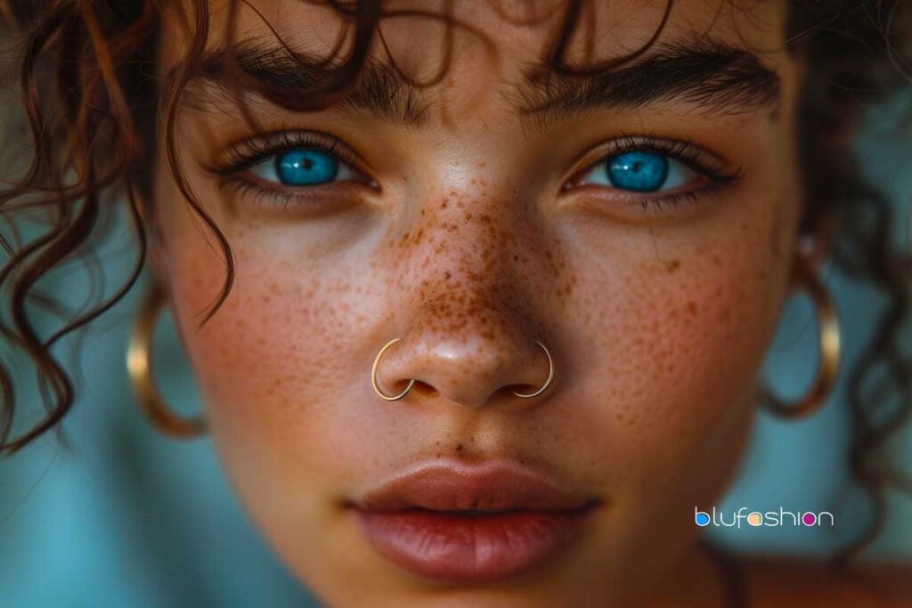 Nose Rings: Close-up of a woman with piercing blue eyes, freckles, and a septum ring.