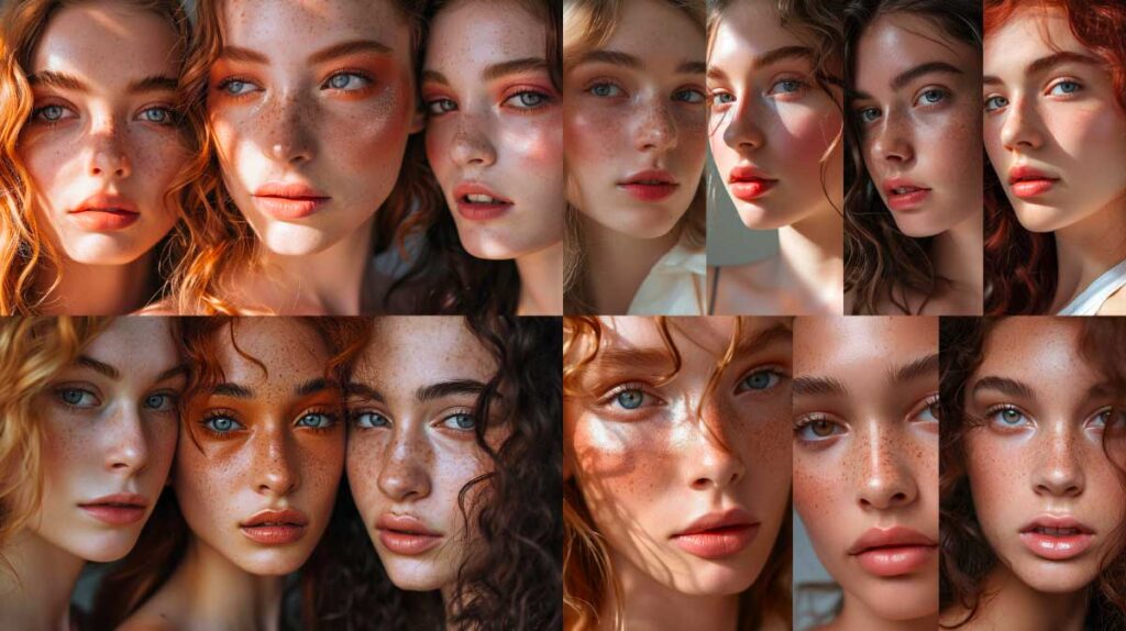 Array of female models with varied ginger hair shades and blue eyes, highlighting freckles.