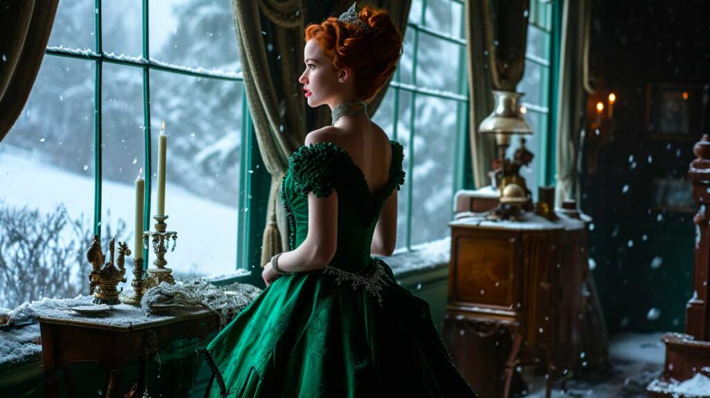 Red-haired woman in emerald gown by snowy window, epitomizing deep winter elegance.