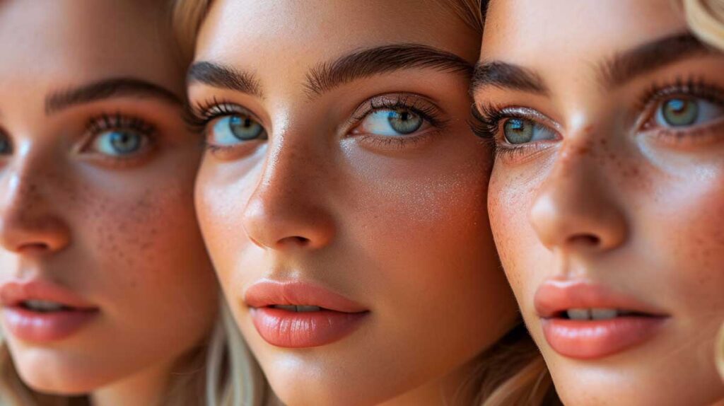 Close-up of three women with varying shades of blonde eyebrow dye, showcasing a natural look.