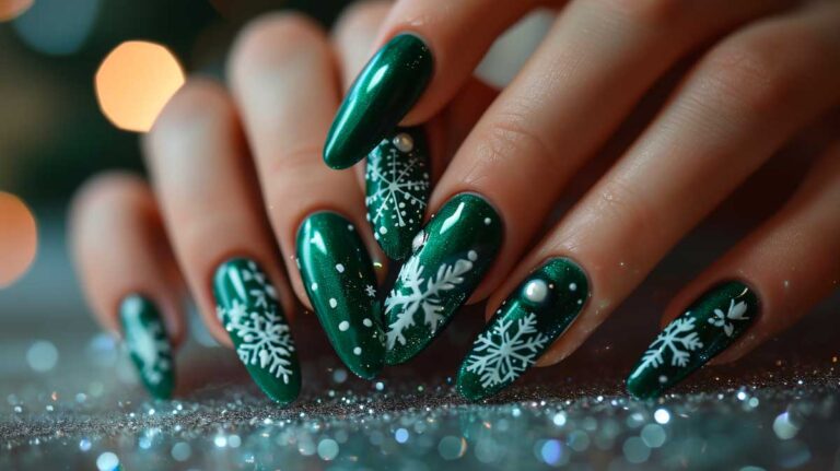 Festive green Christmas nails with elegant snowflake designs and shimmer.