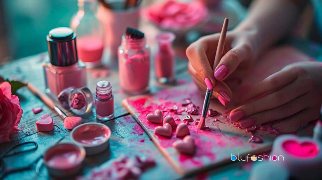 Applying pink nail polish for heart designs amid vibrant nail art supplies.