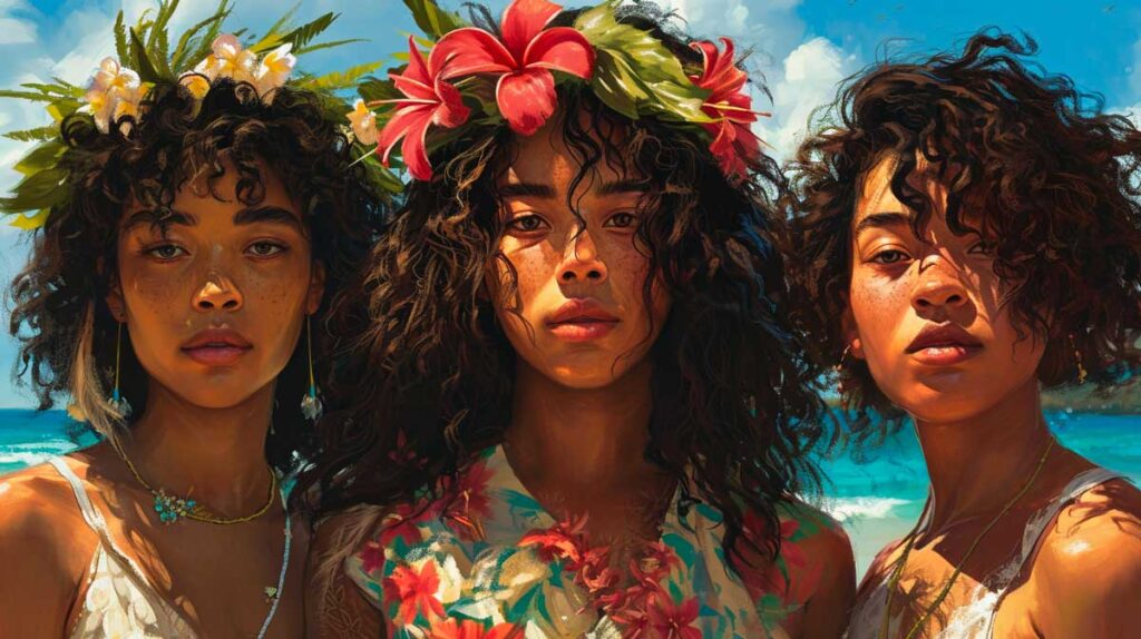 Three women with Hawaiian curly hair and floral headpieces against a beach backdrop