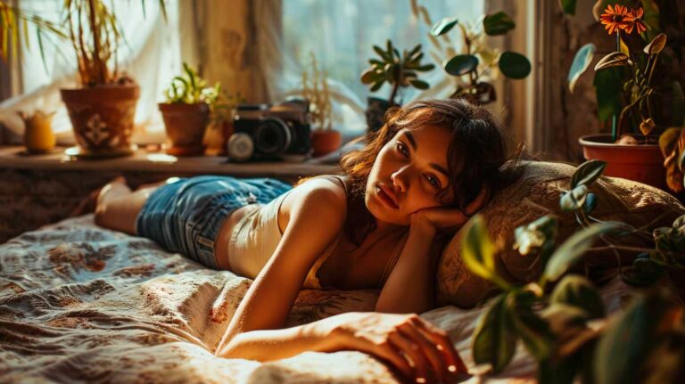 Portrait of a thoughtful woman lounging at home surrounded by houseplants and vintage camera.