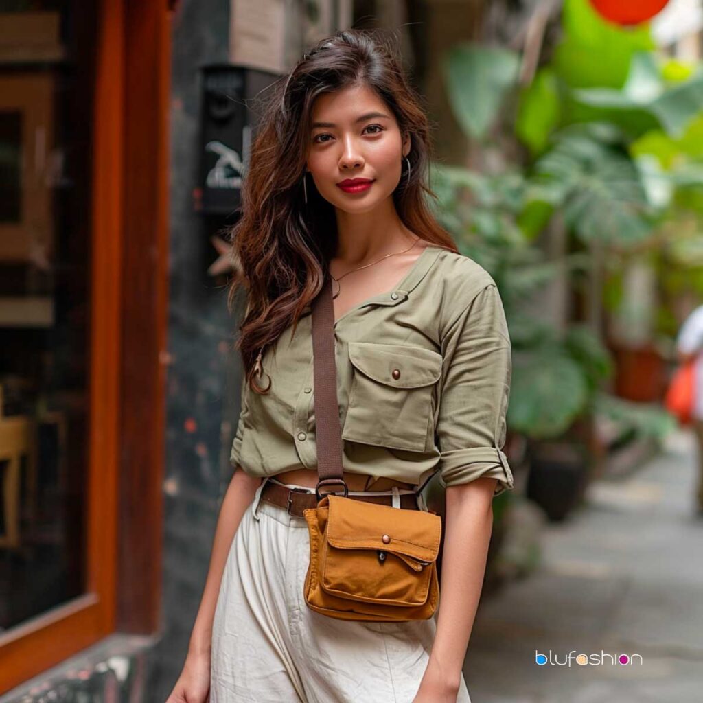 Stylish woman with wavy hair wearing a green cropped button-up and high-waisted white trousers, paired with a mustard shoulder sling bag.