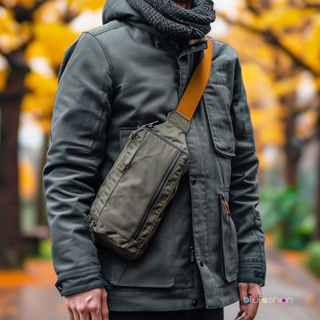 Side view of a man in a grey jacket and black scarf, sporting an olive sling bag across the chest — an urban, functional outfit against an autumn backdrop.