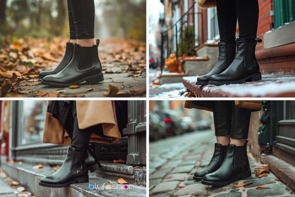 Collage of woman's black Chelsea boots in different urban settings, showcasing versatility in fall and winter seasons.