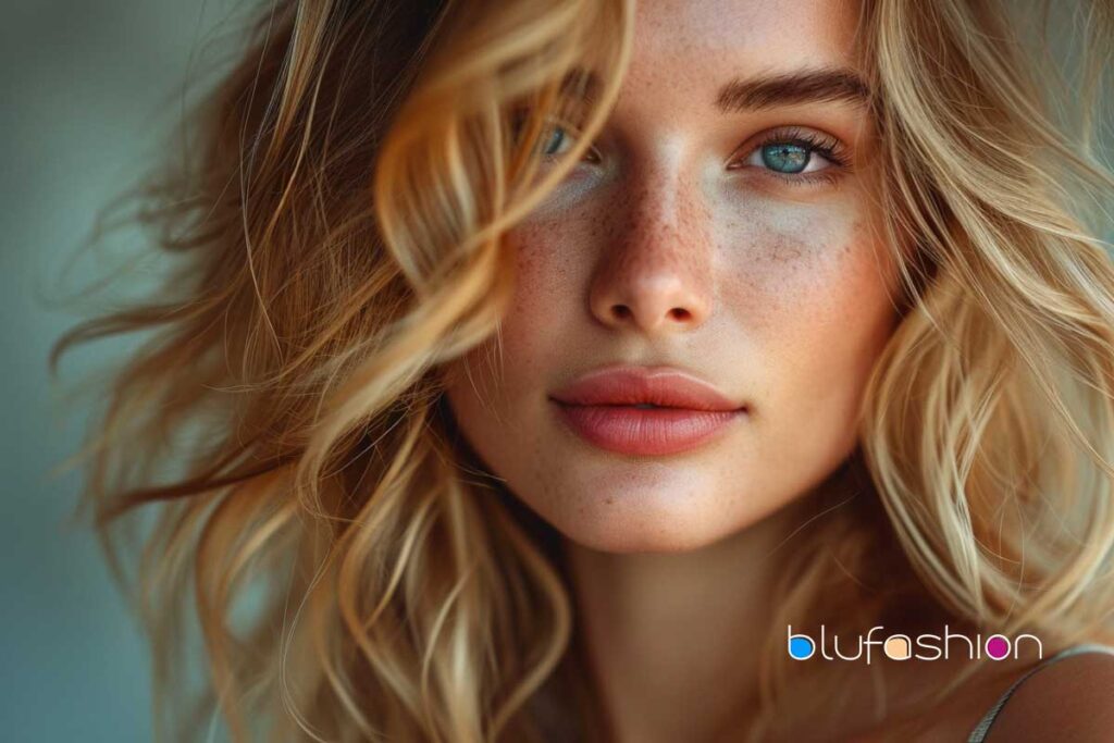 Close-up of a model with tousled blonde waves, freckles, and clear blue eyes, 'blufashion' logo.