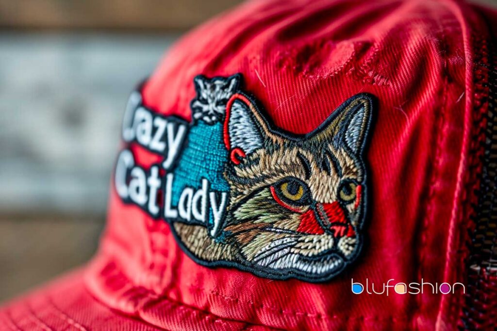 Iron patch onto hat: Close-up of a vibrant red 'Crazy Cat Lady' hat with a detailed cat patch from blufashion