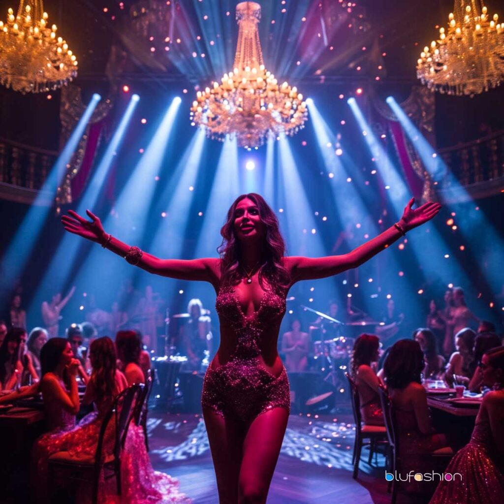 Captivating burlesque performer in a glittering outfit owning the spotlight under grand chandeliers