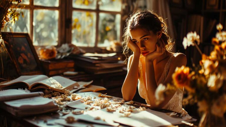 Thoughtful woman in a lace dress sits by a window, surrounded by open books and scattered petals, in a sunlit vintage room.