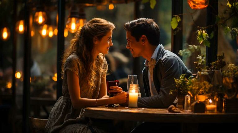 A couple sitting at a table with candles, enjoying a romantic dinner.