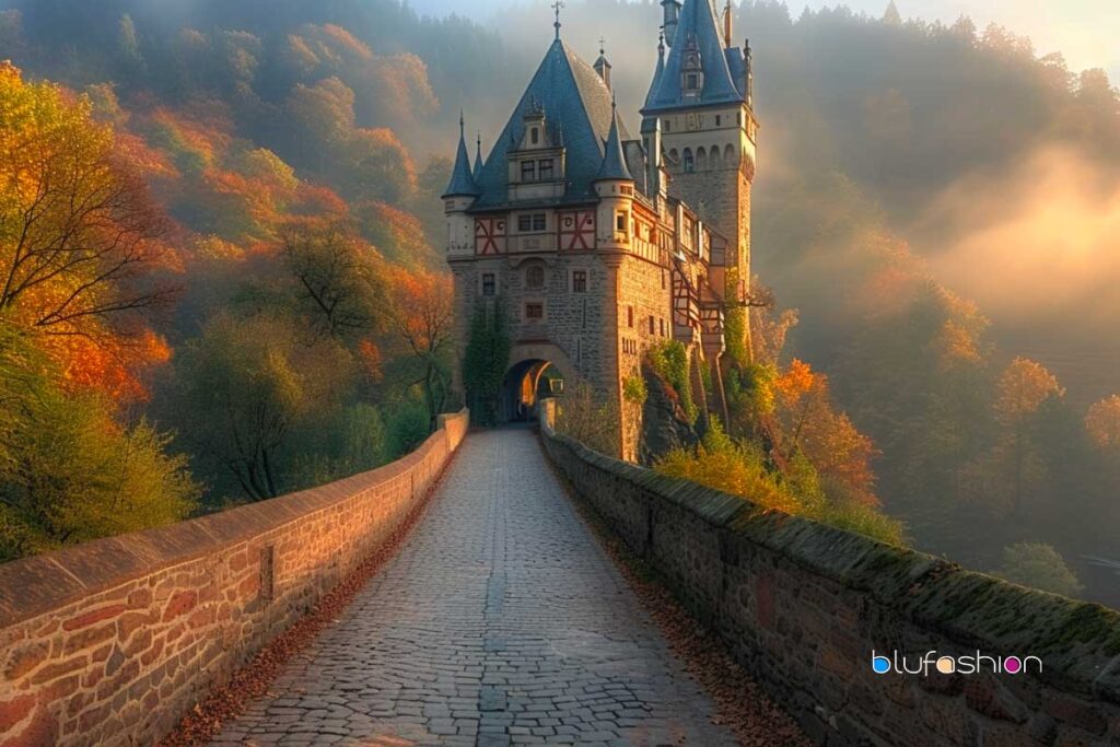 Majestic Eltz Castle in Germany with autumn foliage and sunrise rays.