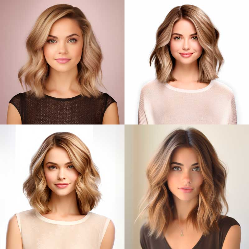 Showcase of long bob hairstyles for women with round faces in elegant casual outfits.