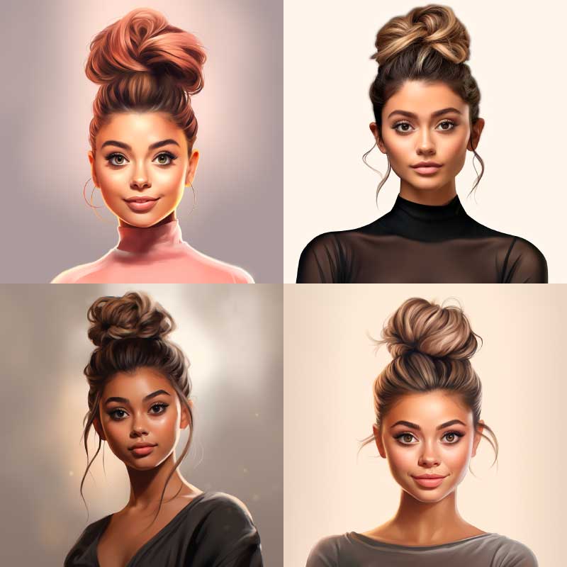 Digital portraits of a woman with a stylish topknot hairstyle in various outfits and poses.