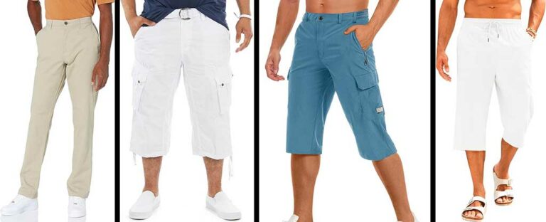 Collage of men wearing different types of shorts, including denim shorts, khaki shorts, and swim shorts.