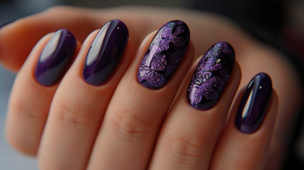 Close-up of manicured nails featuring a midnight purple shade with glitter accents.