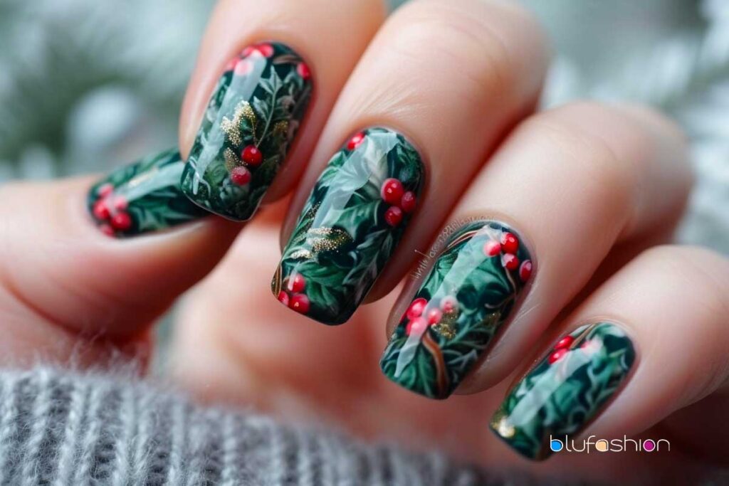 Close-up of hand with Christmas-themed nail art, featuring green polish, red berries, and golden details.