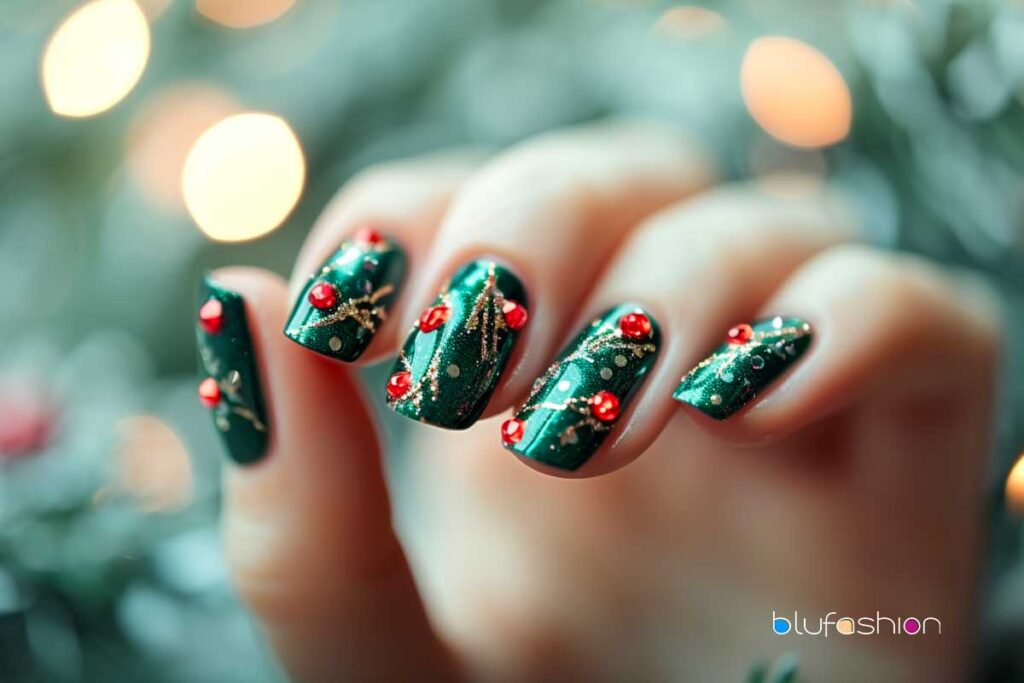 Glittery green Christmas nails with red mistletoe berries and golden accents.