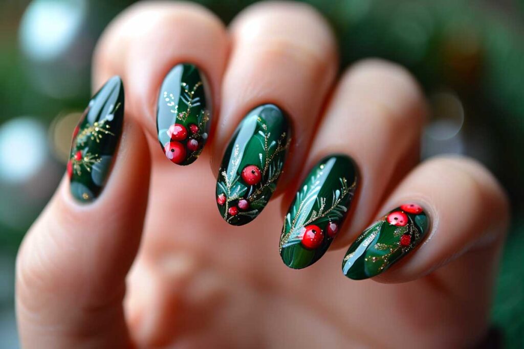 Festive Christmas manicure with green polish, red berries, and golden accents on nails, holiday nail art.