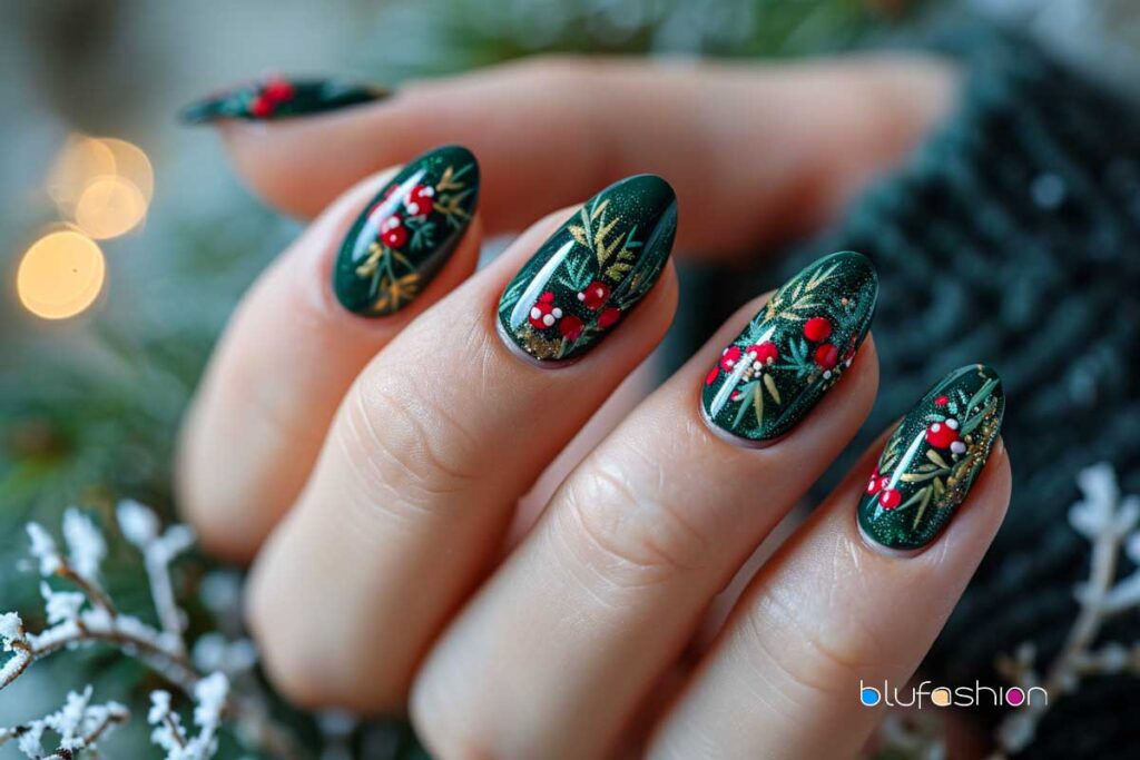 Stunning Christmas nail art with green base, mistletoe, and gold glitter accents.