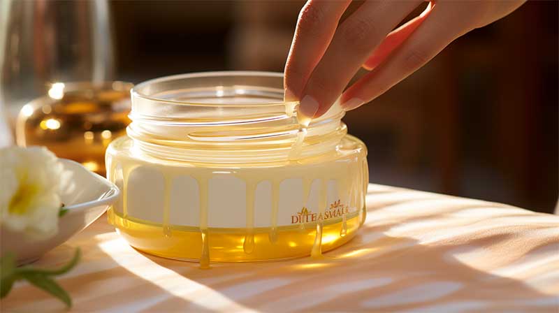 Person touching a jar of honey on a wooden table.